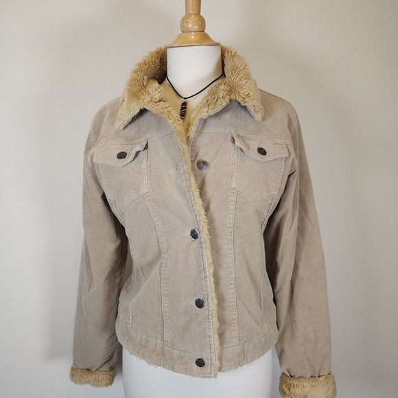 Clash Jeans USA Corduroy Jacket Womens XL Faux Fur Collar Button Up Tan Beige - Picture 1 of 7